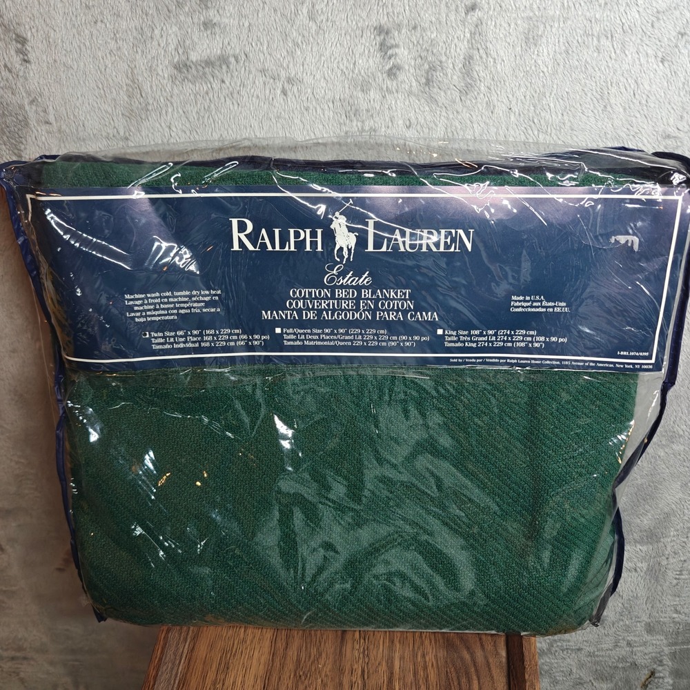 VTG Ralph Lauren Estate Blanket Twin Hunter Green Cotton Textured Weave USA Made
